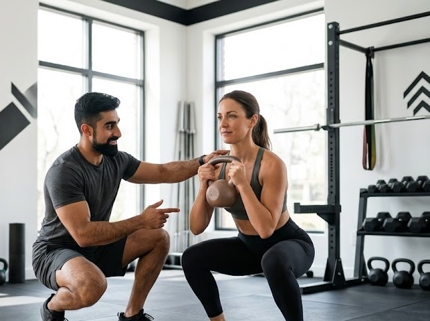 Certified strength coach guiding a female client through a kettlebell squat