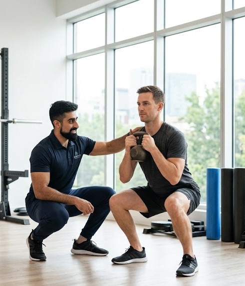 Strength coach coaching a male client on kettlebell technique