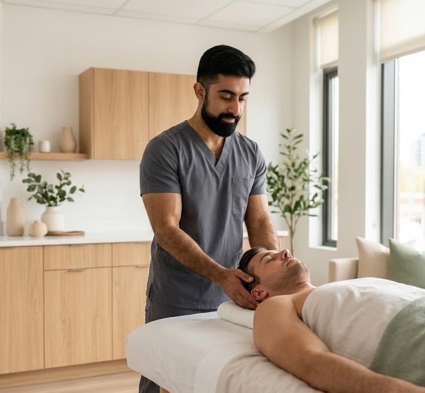Massage therapist performing craniosacral therapy on a male client