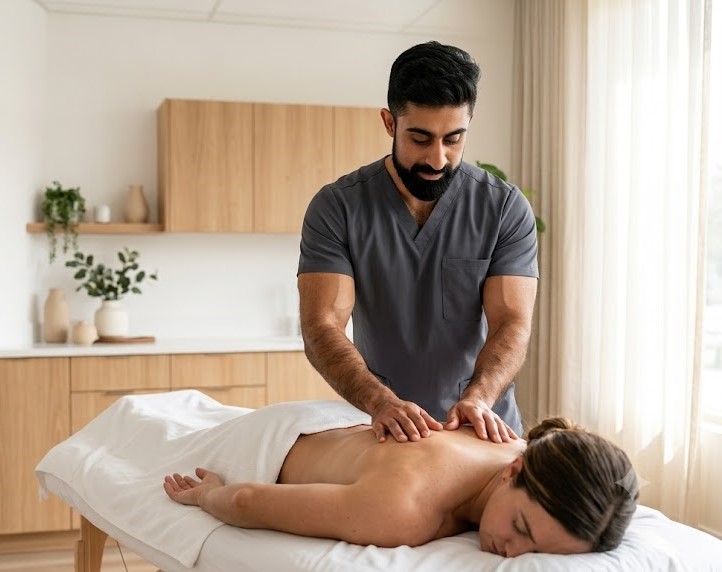 Registered Massage Therapist performing clinical back massage on a female client